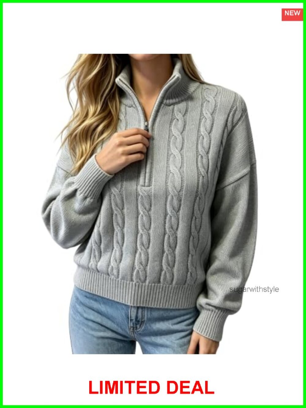 Women's 100% Cotton Sweater Quarter Zip Ribbed Cable Knit Pullover
